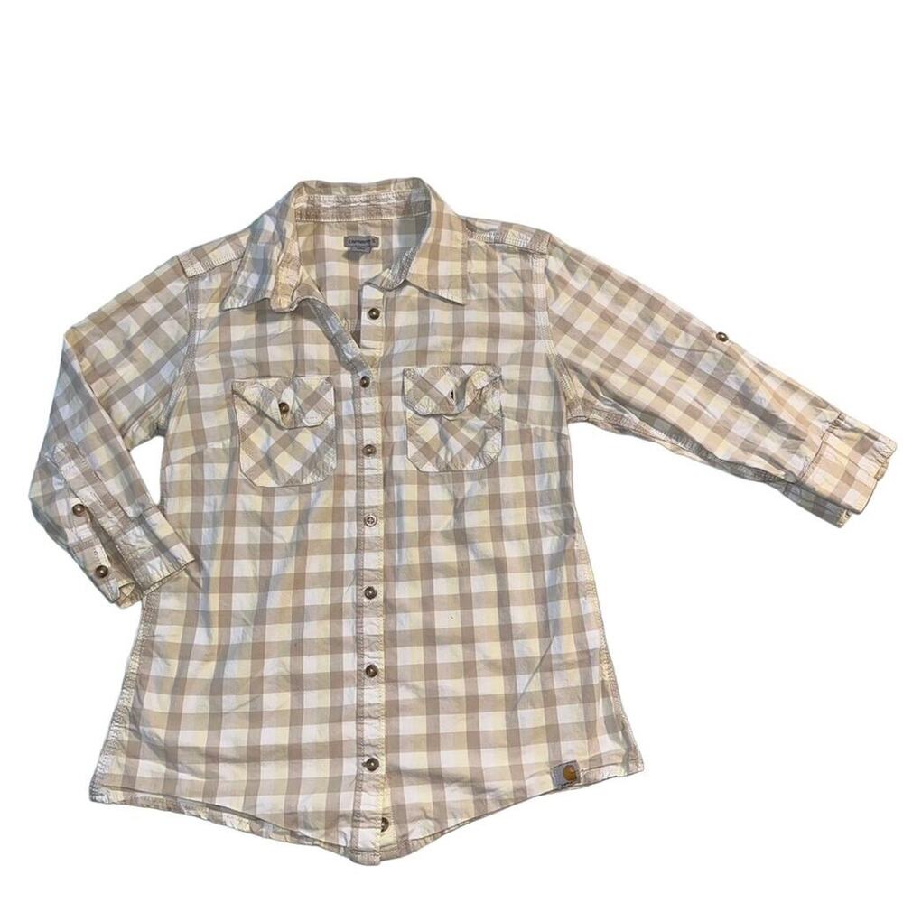 Carhartt Kids Button Down Shirt Long Roll Tab Sleeves Plaid Brown White Yellow